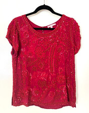 Top Calypso St. Barth grande rosso seta manica corta paillettes perline floreale India