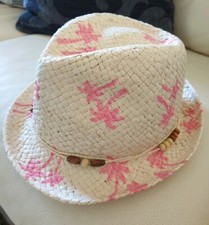 Cappello sole in paglia Emanuela Biffoli NUOVO con palme rosa, S-M #back2ebay