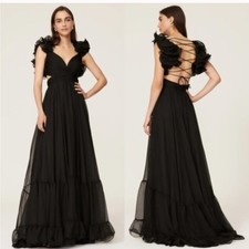 Abito Mac Duggal nero rosetta chiffon ritaglio vita impero taglia 4 $598