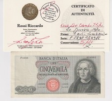5000 LIRE COLOMBO I TIPO DEL 20-1-1970 PERIZIATA SPL+