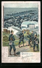 Litografia Lager Lechfeld, veduta parziale, parte del luogo, soldati con cannone 1902 