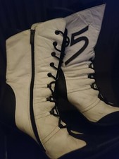 SCARPE STIVALI ALTI AL GINOCCHIO CON LACCI BIANCO NERO PELLE DONNA TAGLIA 38 