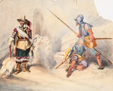 Soldatini storici davanti alle rovine, 1840 circa, Aq. Biedermeier Sconosciuto (XIX secolo)