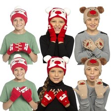 A2Z 4 Kids Ragazze Cappello Natale Rudolph Babbo Guanti Caldo Inverno Set