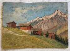 ANTICO DIPINTO OLIO TAVOLA Sori PAESAGGIO MONTANO BAITE ALPEGGIO DIVISIONISTA