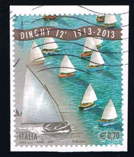 ITALIA 1 FRANCOBOLLO SPORT BARCA A VELA DINGHY  2013 usato su frammento (BI9335)