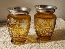 Coppia Rari Vasetti In Cristallo Di Boemia Ambrato Con Bordo In Argento Anni 30