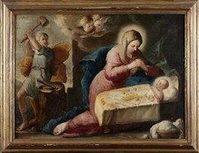 Dipinto pittore Leandro Bassano  "Sacra Famiglia"  misure 71x97 cm, olio su tela