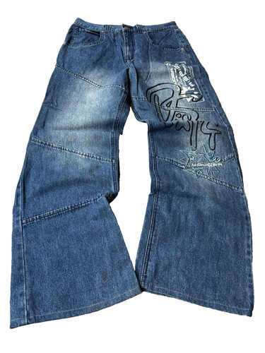 Jeans blu gamba larga - , stampa