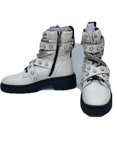 Zara Bianco Pelle Stivaletti da Motociclista Catena Borchie UK5 EUR38 US7.5 Ref