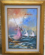 MONTAGNANI - MARINA - TRE VELE - VECCHIO QUADRO DIPINTO OLIO A SPATOLA