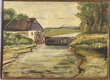 Dipinto A Olio Doppio Lato Con Mulino E Natura Morta Con Fiori Danneggiato 46x62