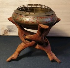 Vintage Bruciatore Di Incenso In Ottone Con Supporto In Legno Intarsiato.