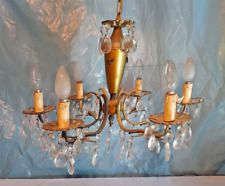 Antico elegante lampadario bronzo dorato a gocce di cristallo 6 luci anni 40/50