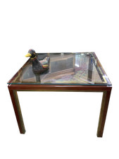 Tavolo da pranzo modernariato design legno ottone  con piano cristallo anni 6...