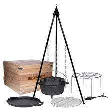 Premium BBQ Dutch Oven treppiede set in scatola di legno incl. treppiede griglia padella