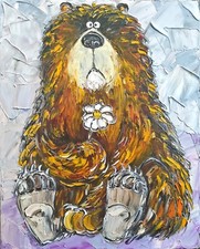 Quadro Olio Orso con Fiori