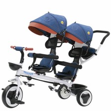 Triciclo passeggino gemellare blu per bambini Tricicli gemellari sedile 360°