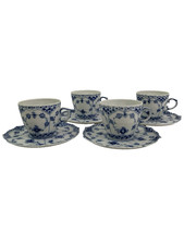 SET 4 PIATTINI TAZZA DEMITASSE ROYAL COPENHAGEN BLU SCANALATO PIZZO COMPLETO 1035 1° Q 5"+