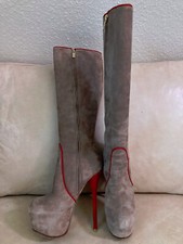 Vero Cuoio Originale Tacchi Alti con Plateau Stivali 37 Grigio M.Rosso Stiletto
