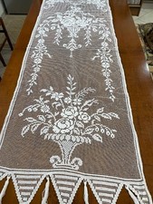 TENDINA VINTAGE FILET MODANO cm. 60 x 170 ca  IN COTONE BIANCO FATTA  A MANO 