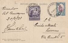CARTOLINA VIAGGIATA CON 25 C. CONGRESSO FILATELICO S.MARINO 33 E COMPLEMENTARI