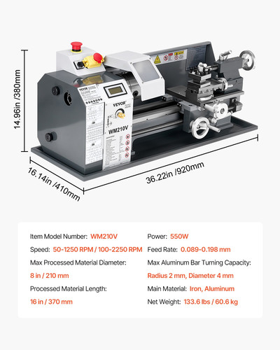 Tornio per metallo vevor 550w - tornio,