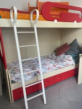Letto a castello in legno massello+scaletta, 2 reti, 2 cassettoni