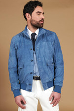 Bomber Vera Pelle Uomo Blu Denim Renna Giubbotto Camoscio Alex