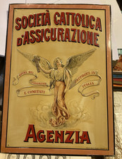 SOCIETÀ CATTOLICA DI ASSICURAZIONI INSEGNA PUBBLICITARIA IN LAMIERA 1930 circa