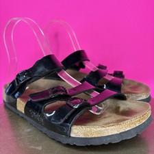 Sandalo Birkenstock Birki's Florida nero in pelle verniciata con tre cinturini taglia 7