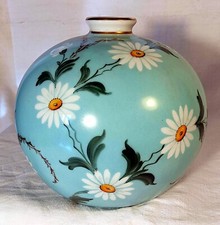 Vaso sferico porcellana Limoges Giraud azzurro sfumato margherite bordo oro