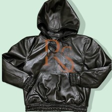 Felpa con cappuccio uomo premium pelle nera fatta a mano vera pelle di agnello morbida