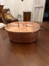 Casseruola in rame stagnato d’epoca – ovale con coperchio e 2 manici