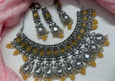 Stile Bollywood Indiano Argento Antico Placcato Collana Girocollo Giallo Jewelry