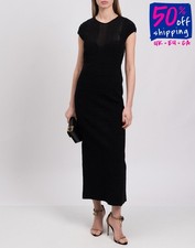 Abito lungo in maglia Herve Leger RRP €1296 taglia L a costine nero lucido con cerniera sul retro