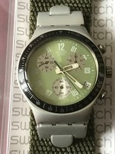 Orologio da polso SWATCH Irony Chrono BRAVELY (YCS4018)-NUOVO/NOS-Verde/Argento-Tessuto-RRR