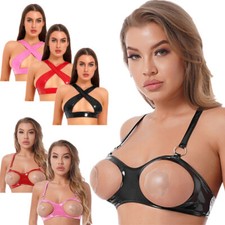 Reggiseno donna senza maniche crop top gilet sexy pelle verniciata aperto camicetta clubwear