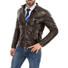 Giacca Biker In Vera Pelle Marrone Uomo Slim Linee Spalle Accessori Argento R...