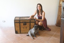 antico baule da viaggio dote grande bombato XIX secolo legno rivestito juta