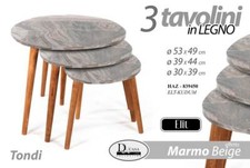 SET TRIS TAVOLINI TAVOLO EFFETTO MARMO PIEDI LEGNO SALOTTO MODERNO Ø53-39-30