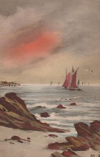 C4 - Cp Cartolina Illustrata Paesaggio Marino Barca a Vela- Fp Nvg