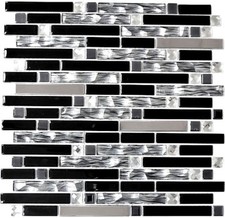 Mosaico Piastrella vetro acciaio inox bacchette argento nero 67-GV478 | 1 foglio