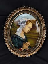 stampa rifinita a mano ovale legno vetro bombato arte sacra 30 cm x 24,5 cm 1920