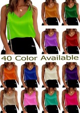 Canotta donna raso scollo V casual cami senza maniche camicetta canotta estiva