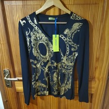 VERSACE JEANS donna nuovo con etichette top viscosa scollo a V barocco catena logo nero taglia M/10