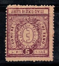 Fano - mai usato * MH 80% Italia fiscale 5 lire, diritti di stato civile