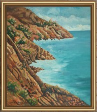 ARTE NAIF RIVIERA LIGURE SCOGLIERE MARE olio tavola ENRICO COPETTA COEN  BRESCIA