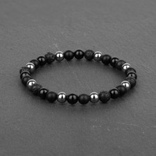 Bracciale in Pietra Lavica Nero Acciaio Argento Pietre Perle braccialetto Uomo