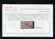 REGNO 1923 MANZONI 5 LIRE SASSONE N. 156 ** MNH CERT. DIENA
